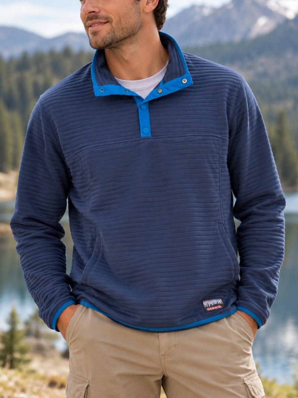 Gerry Sweatshirt Mens Size Large Long Sleeve Blue Pullover 1/4 Snap Collared